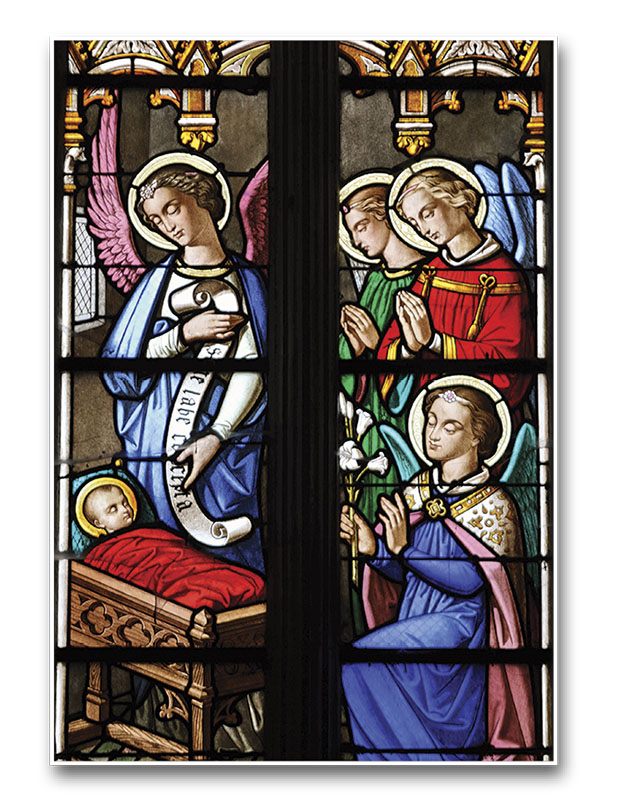 Anges vénérant la Vierge nouveau-née, vitrail de la cathédrale Saint-Pierre de Condom (France)